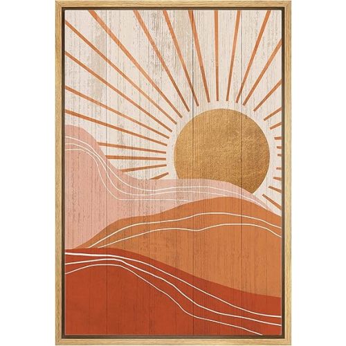 wall26 Framed Canvas Print Wall Art Boho Orange Sunrise Over Pink & Red Mountains Nature Abstract Illustrations Minimalism Mid-Century Modern Warm for Living Room, Bedroom, Office - 16"x24" Natural
