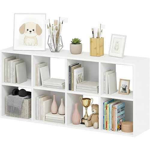 8-Cube Storage Organizer, White Bookshelf with Open Compartments for Home Office, Modern Bookcase Display Shelf for Living Room, Bedroom & Entryway