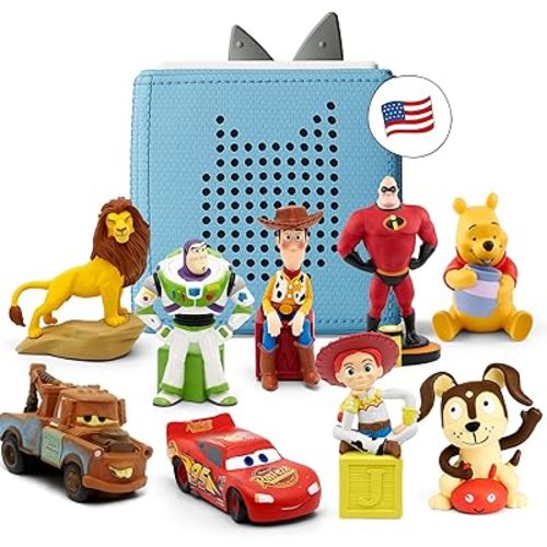 Toniebox Audio Player 9 Character Disney Bundle with Woody, Buzz Lightyear, Jessie, Lightning McQueen, Mater, Simba, Winnie-The-Pooh, Mr. Incredible + Playtime Puppy - Light Blue