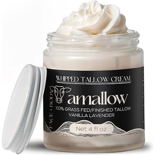 100% Grass Fed Beef Tallow for Skin Care - Face + Body - Whipped Moisturizer - Natural Lotion, 4 FL. oz. (Vanilla Lavender)
