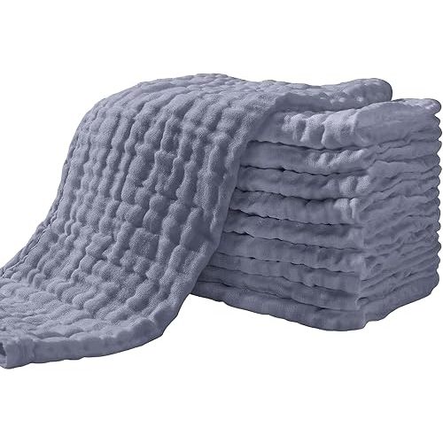 Muslin Burp & Washcloths for Baby 10 Pack 100% Cotton Large 20''X10'' Super Soft and Absorbent Fog Blue