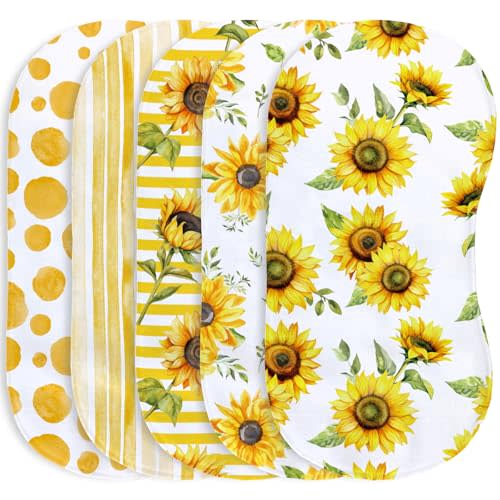 5 Pack Baby Burp Cloths for Boys Girls, Soft Cotton, Yellow Sunflowers Theme Design, Super Absorbent Baby Burping Cloths for Newborns, Machine Washable and Reusable Baby Spit-Up Cloths