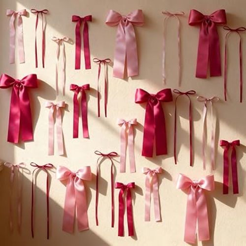 36Pcs Pink Bows for Wall Decor, DIY Bow Garland for Photo Backdrop Birthday Room Bedroom Decor, Wedding Baby Shower Bridal Bachelorette Party Decorations (Pink & Rose Red)
