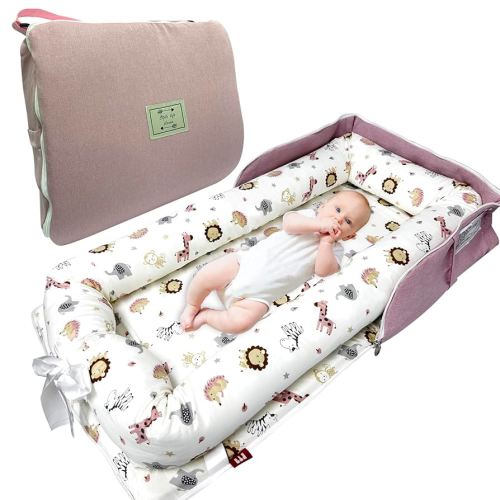 Baby Lounger, Foldable Portable Infant Lounger, Baby Nest Cover, Suitable for 0-24 Months Newborn Baby Lounger,Home Travel Dual-Purpose Baby Nest(Pink Zoo)