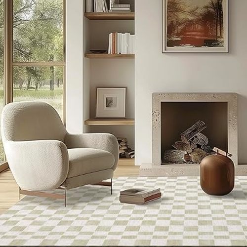 EVERGRACE Checkered Plaid Area Rug 5x7, Soft Faux Wool Rugs Washable Anti Slip Rugs Large Rug Carpet for Entryway Bedroom Living Room Hallway Kitchen Dining Room and Laundry Room, Beige