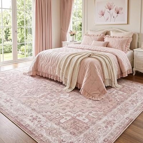 Fixwal Washable 8x10 Area Rug for Bedroom, Non-Slip, Pink