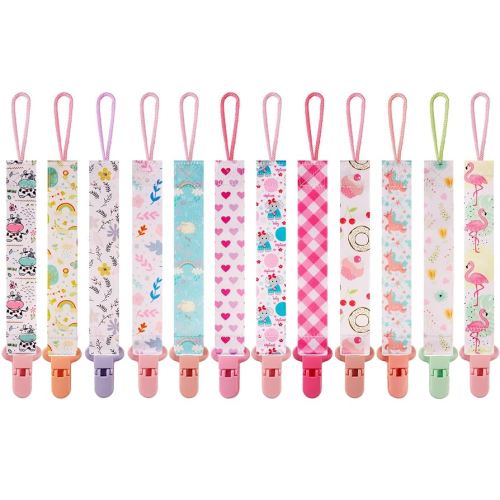 12 Pack Pacifier Clips with Strap 25.5cm - Premium Polyester Baby Pacifier Holder Set, Multi-Design Clips for Girls Boys（Multi Color B）