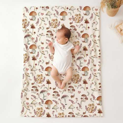 Vintage Mushroom Baby Blanket, Soft & Stretchy Swaddle, Forest Fungi Leaves Minky Blanket, Earthy Color Fall Botanical Nursery Bedding