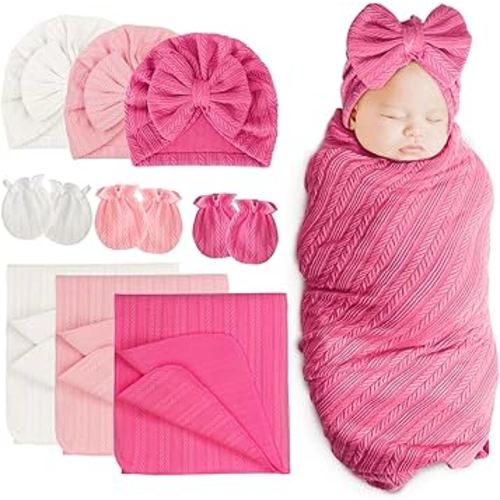 BQUBO Newborn Receiving Blanket Hat Mittens Set for Baby, Unisex Baby Boys Girls Essentials, Newborn Registry Must Haves, Stroller Crib Shower Gifts