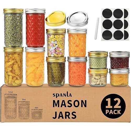 12 Pack Glass Mason Canning Jars With Regular Lids, Ideal for Jam, Jelly, Honey, Wedding Favors, Shower Favors, Baby Foods, DIY - 4 OZ x 4, 8 OZ x 4, 12 OZ x 4