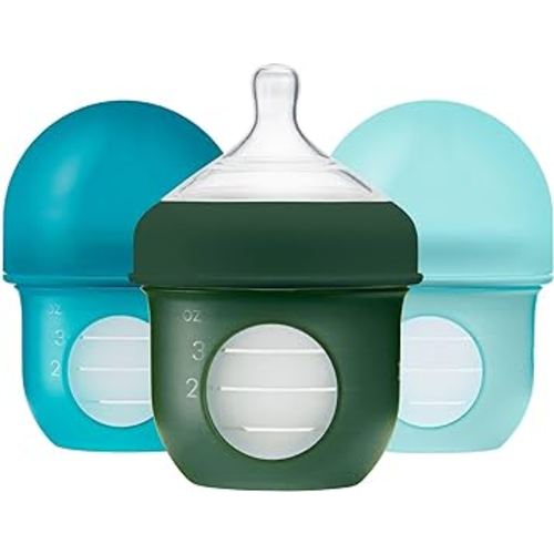 Boon Nursh Reusable Silicone Baby Bottles with Collapsible Silicone Pouch Design - Everyday Baby Essentials - Stage 1 Slow Flow Baby Bottles - Blue - 4 Oz - 3 Count