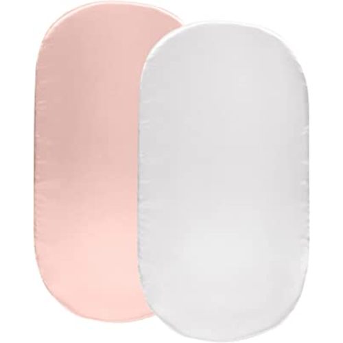 SiinvdaBZX 2 Pcs Satin Bassinet Sheets for Baby Girl, Silky Soft Bassinet Fitted Sheets for Hourglass, Oval & Rectangular Bassinet Mattress (Pink & White)
