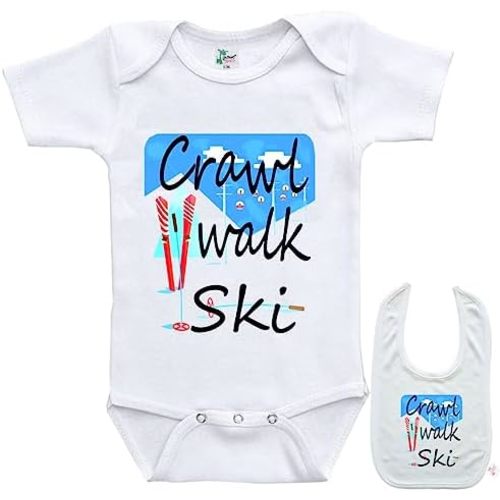 Crawl Walk Ski -Cute Snow Skiing winter sports Baby bodysuit onesie & bib Set