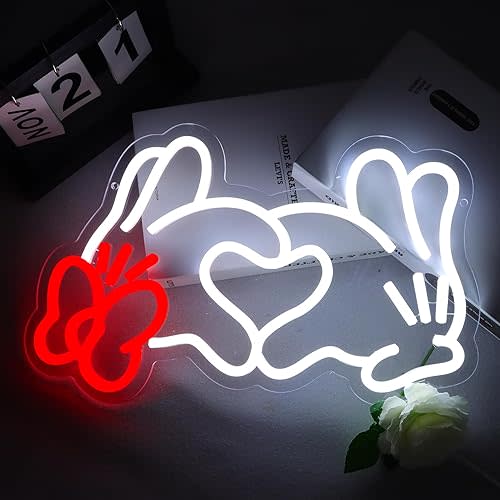 Hand Heart Neon Sign Light for Wall Decor, Dimmable Led Animated Neon Light for Bedroom, Children's Room,Game Room Decor, LED Neon Signs Bar Club Party Gifts Art for Boys Girls Lovers(White& Red)
