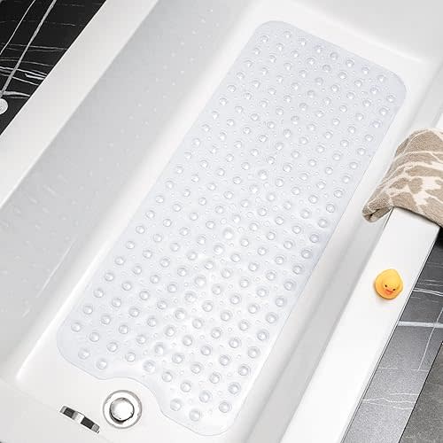 HITSLAM Bath Mat for Tub, Non Slip Bathtub Mat, 40 x 16 Inch Extra Long Bath Tub Mat, Machine Washable Bathroom Shower Mat with Suction Cups and Drain Holes, Soft on Feet, Clear