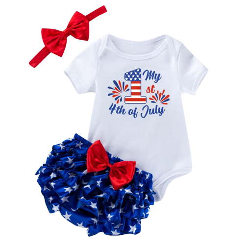 Quealent Baby 4th of July Outfit Girl Baby Girls Outfit Romper + Ruffled Shorts Independence Day Set Blue,0-3 Months