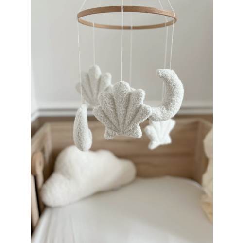 Boucle mobile handmade baby mobile shell and moon mobile baby nursery decoration neutral baby mobile neutral nursery decor boucle seashell