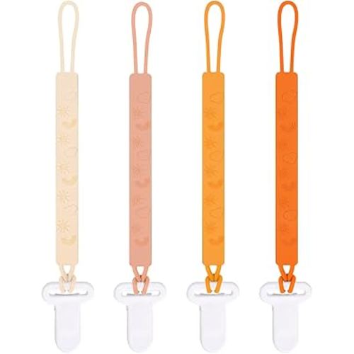 One Piece Design Silicone Pacifier Clip Holder for Baby Boys and Girls,Pack of 4 Flexible Paci Leash,Binky Clips,Newborn Essentials (Sun & Cloud & Rainbow, Yellow)