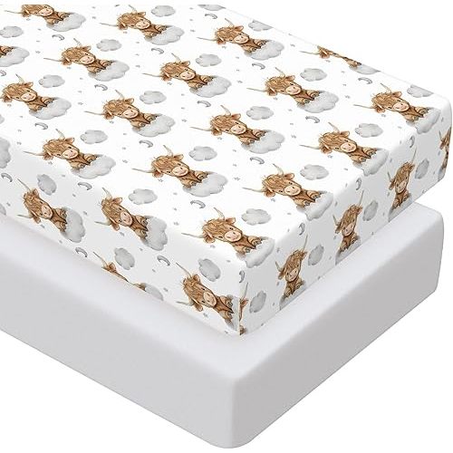 Peryiter 2 Pack Crib Sheets for Girls Boys Coquette Bed Sheet Set Fitted 52'' x 28" for Standard Crib Mattress Stretchable Soft Toddler Aesthetic Nursery Decor(Highland Cow,Gray)