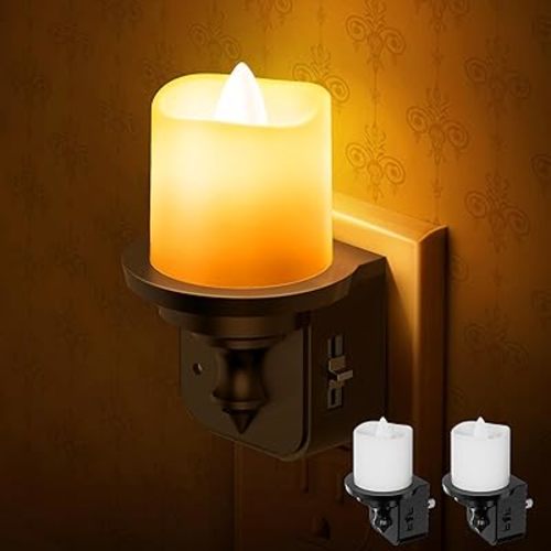 Flameless Candle Night Light, Night Lights Plug into Wall 2 Pack, LED Candle Night Light with Light Sensor, 0-100LM Dimmable Night Light Plug in, Amber Nightlight for Kids Hallway Bathroom