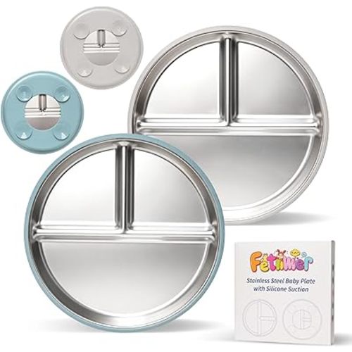 Stainless Steel Kids Plates with Suction Base, 9” Divided Toddler Plates With Removable Silicone Sleeves Easy to Clean, Non Toxic Durable Lightweight Design for Children, 2 Pcs(Blue/Gray)