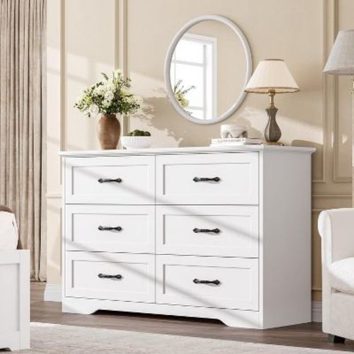 Acekool 6-Drawer White Dresser, Modern Farmhouse Tall Chest with Wide Handles, Storage Organizer for Bedroom, Living Room
