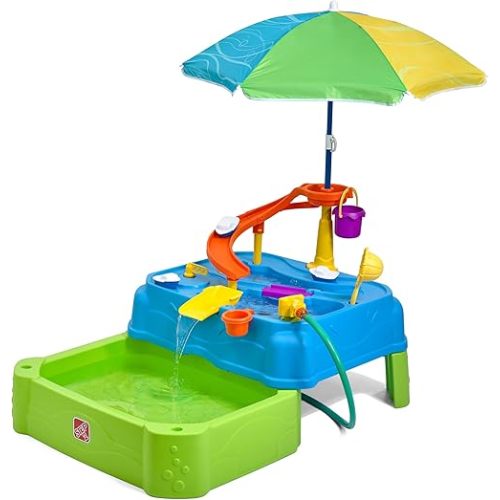 Step2 Waterpark Wonders Two-Tier Water Table, Kids Water Activity Sensory Playset, Comes with Umbrella, Summer Outdoor Toys, 11 Piece Water Toy Accessories, for Toddlers 1.5+ Years Old