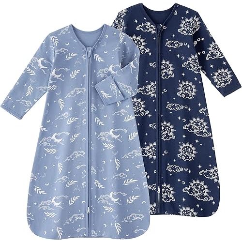 Baby Sleep Sack 0-6 Months, Long Sleeve Baby Wearable Blanket 0.5 Tog with Mittens, 2-Way Zipper Newborn Cotton Sleeping Sack for Boy and Girl Blue Stars 2 Pack (Small)