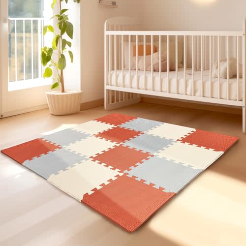 TCBunny Kids Soft EVA Foam Jigsaw Puzzle Play Mat, 18 Interlocking Tiles and Edges Baby Play Mat, for Kids Gym, Nursery, Playroom, Pet Mat, Total Floor Coverage 16 Sq Ft, Red/Grey/Beige