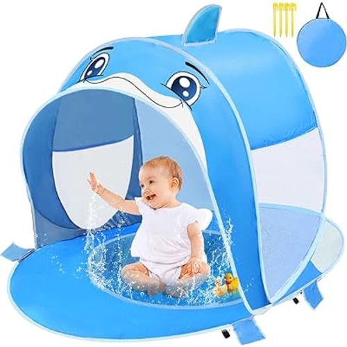 Dolphin Baby Beach Tent with Pool, Baby Tent with Pool UPF 50+ UV Protection Pop Up Portable Sun Shade Beach Tent with Sand Pocket Outdoor Sun Shelter for Baby Toddler Age 6-36 Months Baby Essentials