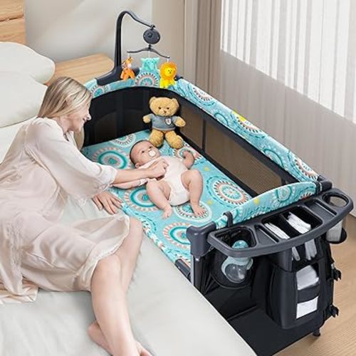 Baby Bassinet Bedside Crib 5 in 1 with Detachable Changing Table, Pack and Play with Mattress, Storage, Music and 3 Adjustable Height, Portable Large Playard for Newborn Baby