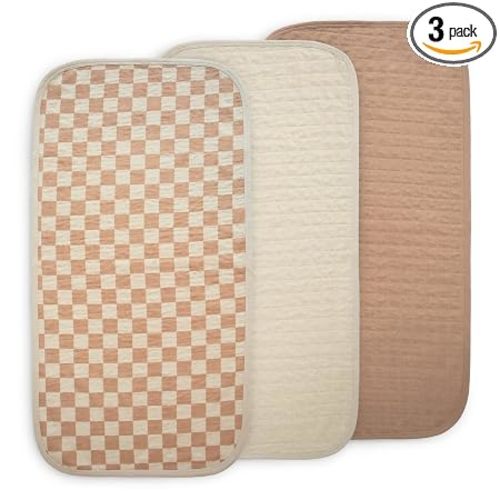 mushie Water Repellent Changing Pad Liners | Made with Organic Cotton | Set of 3 (Natural Check Combo)
