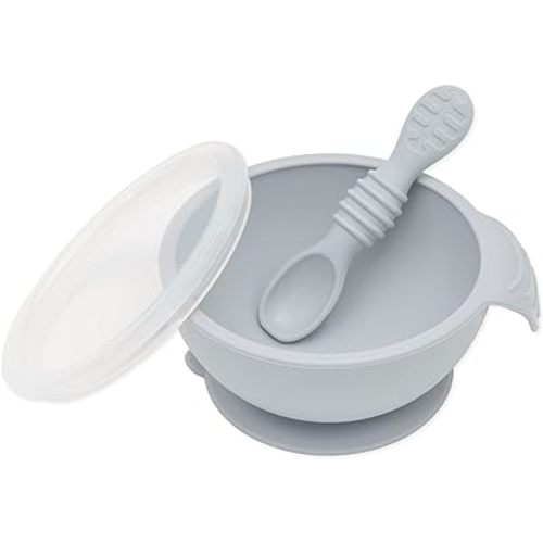 Bumkins Baby Bowl, Silicone Feeding Set with Suction for Baby and Toddler, Includes Spoon and Lid, First Feeding Set, Training Essentials for Baby Led Weaning for Babies 4 Months Up, Gray