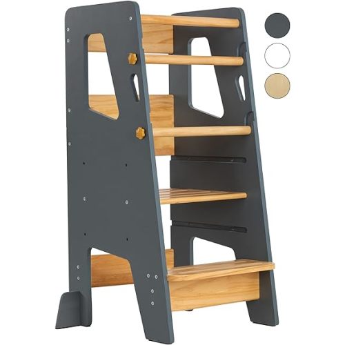 Toddler Standing Tower - Adjustable Height Toddler Kitchen Stool Helper - Ideal Kids Kitchen Step Stool for Learning New Skills - 2024 Design with Safety Feet - Gray
