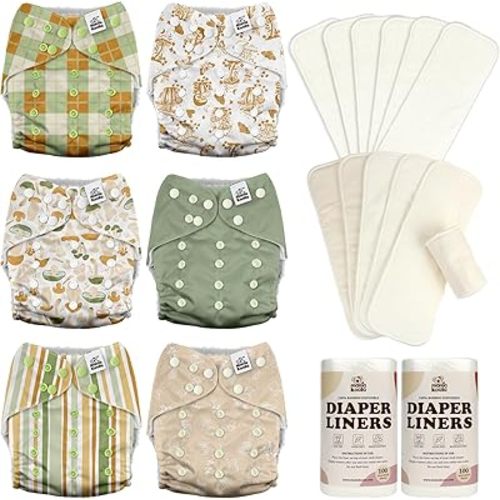 Mama Koala 3.0 Baby Cloth Diapers with 6 Inserts Bundle, with 6pcs 6-Layer Bboo Hemp Cotton Inserts, and 2 Rolls Natural Liners