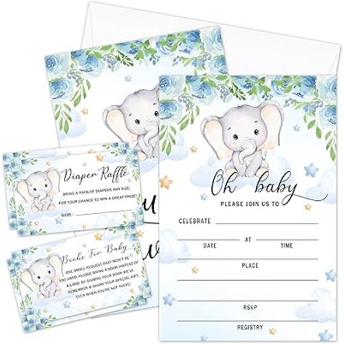Blue Floral Elephant Baby Shower Invitations Kit with Envelopes, 25 Set Baby Shower Invites & 25 Diaper Raffle Tickets & 25 Baby Shower Book Request Cards, Baby Shower Celebration Supplies & Favors-08