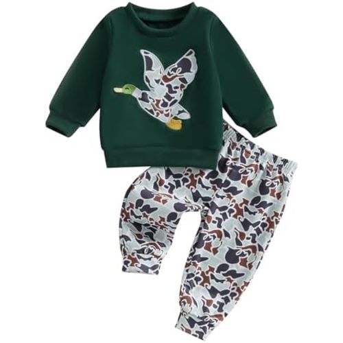 Toddler Baby Boy Hunting Outfit Mallard Duck Pocket Long Sleeve Tops Duck Print Pants Set 2Pcs Fall Winter Clothes