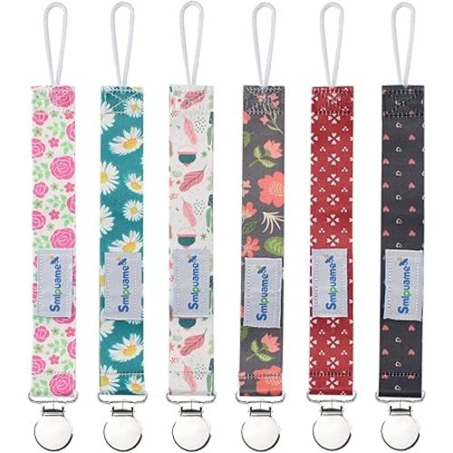 Smlpuame Pacifier Clip Girl,6 Pack Stylish Binky Clips Strap for Baby Girls,Paci Holder with Metal Clip Lightweight Universal Fits Most Pacifiers Teether Toy Teething Ring Soothie,Baby Gift(Flower)