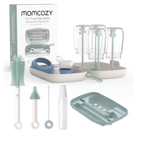 Momcozy Bottle Brush Set - Baby Bottle Cleaner Kit with Silicone Brush, Nipple Brush, Straw Brush, Soap Dispenser, Drying Rack - 7 in 1 Bottle Cleaning Tool for Home and Travel, Green