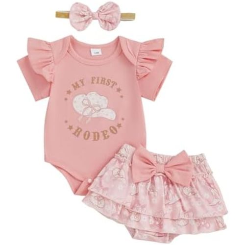 Newborn Baby Girl Western Outfit My First Rodeo Short Sleeve Ruffle Romper Skirt Headband Set Summer Clothes