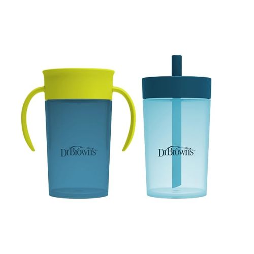 Dr. Brown's Milestones Straw to 360° Cup Set, Convertible Toddler Training Cup Set with Interchangeable Silicone Straw and 360 Degree Cup Lids, Blue Green, 10 oz/300 mL, BPA Free, 9m+, 2 Pack