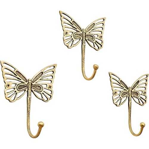 Indian Shelf 33 Lb. Solid Brass Butterfly Wall Hooks - Vintage Gold Decorative Hooks for Coats, Backpacks- Cute Heavy Duty Hangers for Kids Room, Entryway, Kitchen, Mudroom - Pack of 3