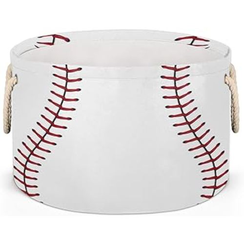 Large Round Storage Basket Red Stitching Baseball Collapsible Circle Storage Bin Laundry Hamper With Handle for Kids Toy Blanket Dirty Clothes Towel Living Room Nursery Storage Organizer