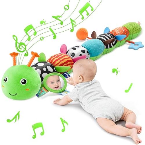 Tummy Time Baby Toys Sensory Musical Animal Stuffed Car Seat Toy for Infant 0-3-6-12 Months Newborn, Plush Caterpillar with Mirror,Crinkle,Rattle Teething Toys for Baby Boys Girls Shower Gifts, Green