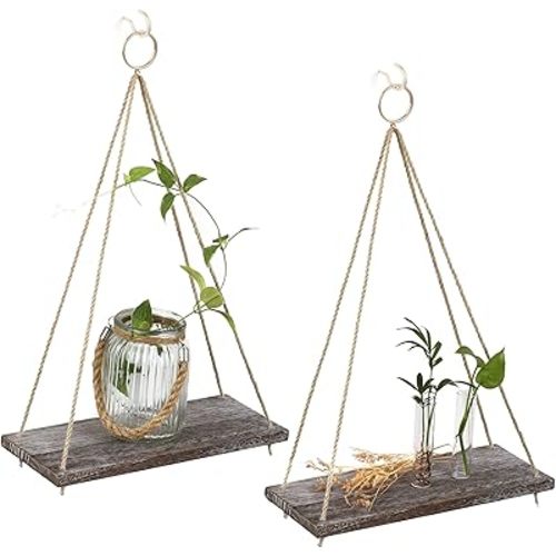 MITIME Hanging Shelves - Indoor Plant Shelf & Wall Hanging - Floating Shelves for Bedroom, Bathroom, Living Room - Macrame Wall Decor, Boho Style, Set of 2 (Medium)