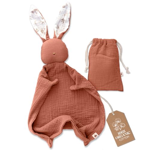 Mikito Organic Cotton Baby Muslin Lovey Bunny - Oeko-TEX & GOTS Certified - Security Blanket & Perfect Loveys for Babies - Unisex New Baby Gift for Ultimate Comfort & Peaceful Dreams