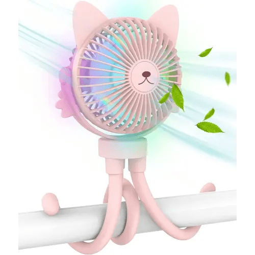 Portable Small Stroller Fan for Baby-Mini Handheld Personal Fan-Rechargeable Clip on USB Fan-Stroller Accessories-Night Light for Kids (Pink)