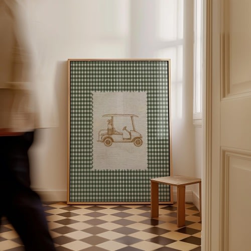 Golf Cart Print Nursery Wall Art Vintage Golf Decor Gingham Baby Room Poster Retro Golf Artwork Country Club Kids Room Digital Download