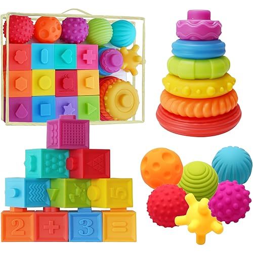Montessori Silicone Teething Toys for Babies 6 Months + Sensory Developmental Educational Baby Toys Infants & Toddlers - Building Blocks, Stacking Rings, Sensory Balls - (24 Pieces)