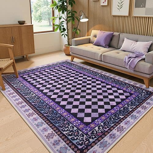 Wonnitar Washable Checkered 5x7 Area Rugs for Bedroom, Non Slip Purple Trellis Living Room Rug, Low Pile Soft Funky Checked Throw Carpet for Bedroom Kids Room Nursery, Dorm Home Decor(Purple,5x7)